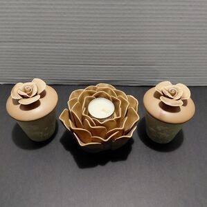 3 Ceramic & Glass Tan Rose Candle Holder With Vanilla & Fig Oil Candles